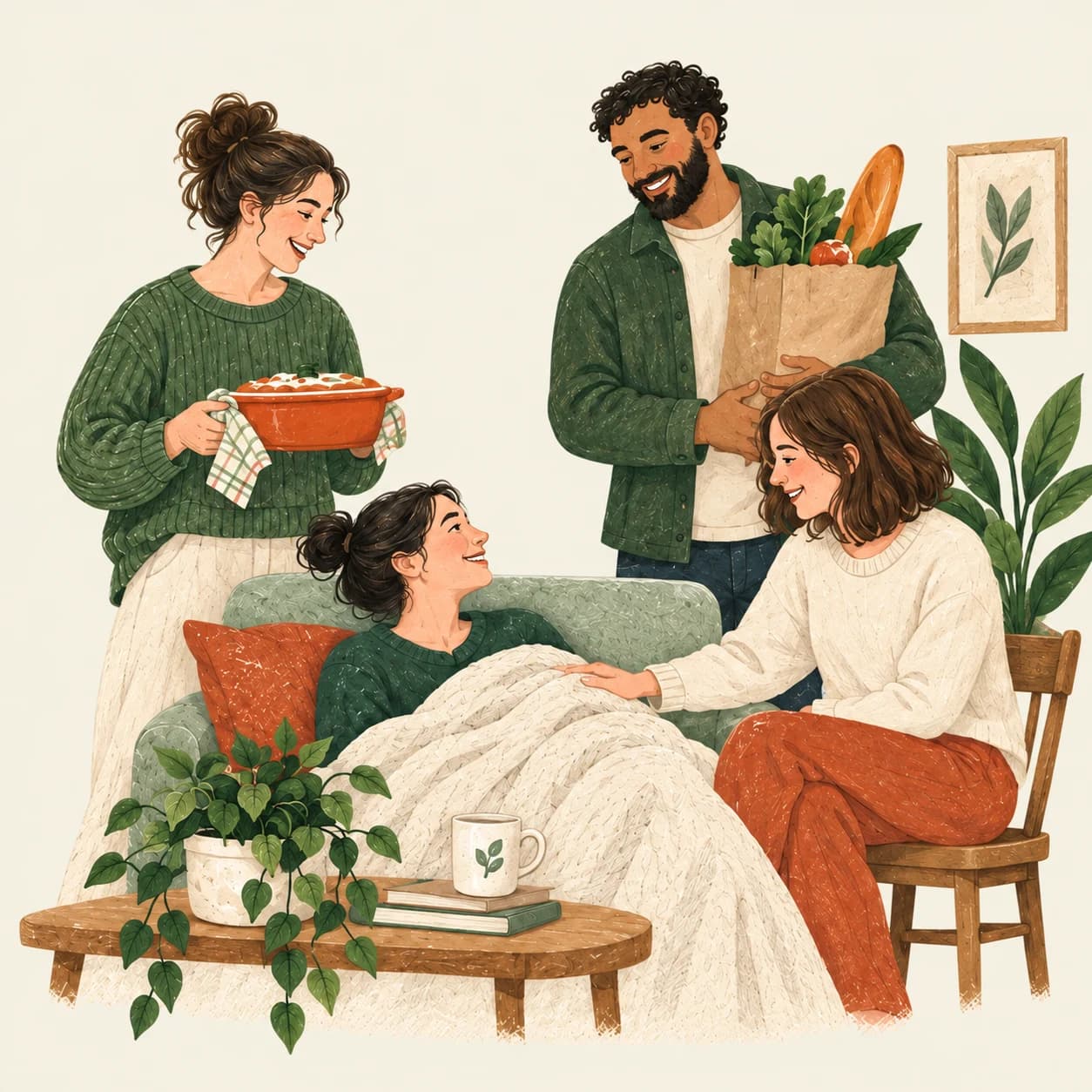 Friends bringing a warm meal and groceries, and keeping someone company as she rests at home.